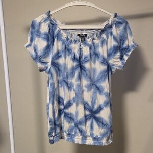 Chaps Women's Blue and White Tie-Dye Peasant Blouse Size L